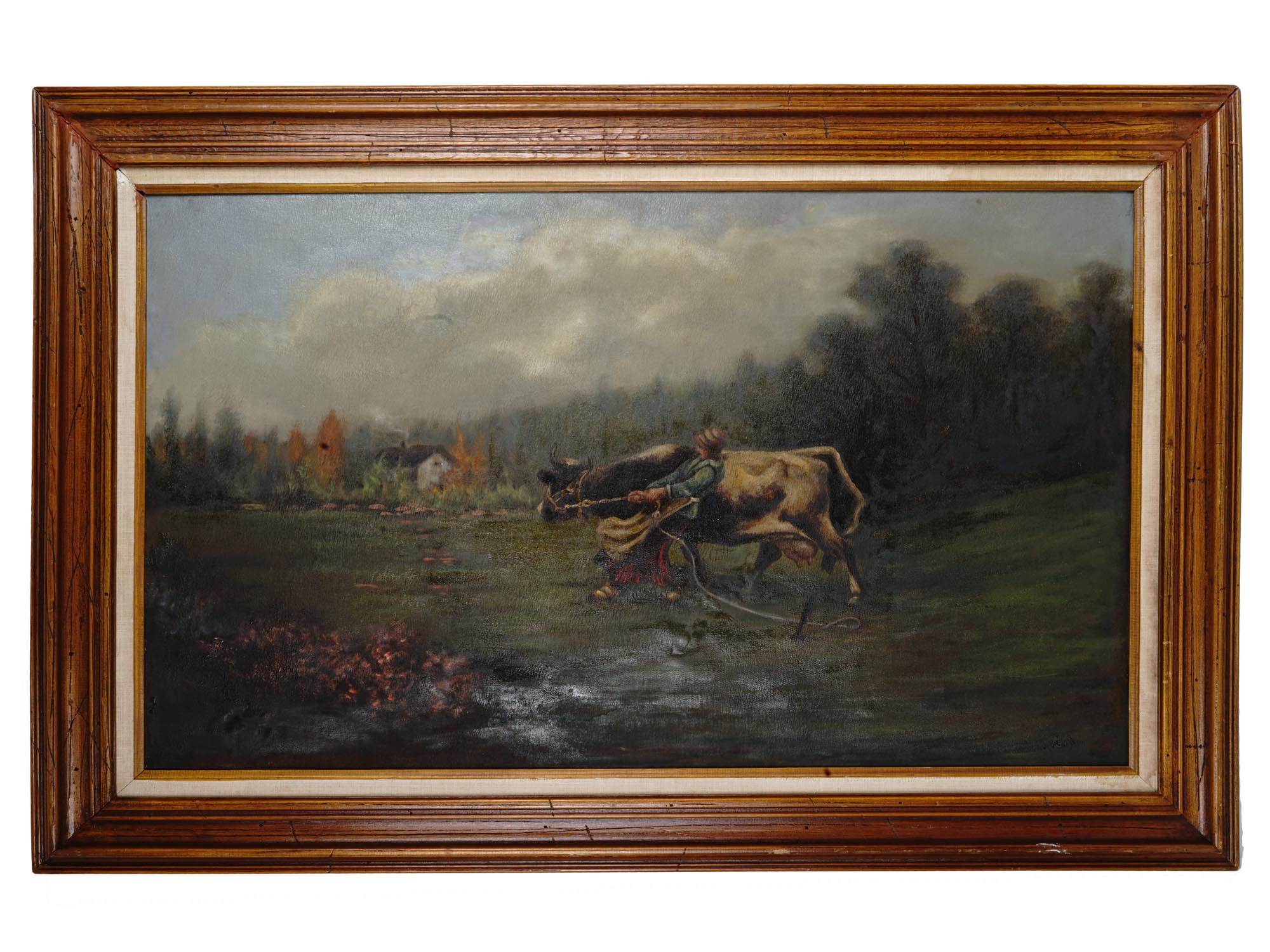 ANTIQUE 19 C PAINTING OF A WOMAN PULLING A COW PIC-0